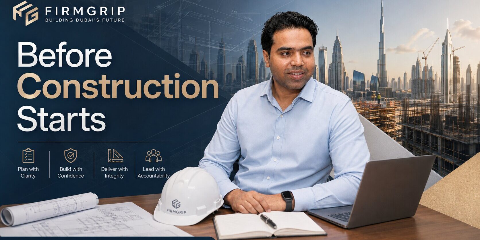 FirmGrip featured image showing Syed Raheel Shahzad with construction plans, project drawings, a safety helmet and Dubai development