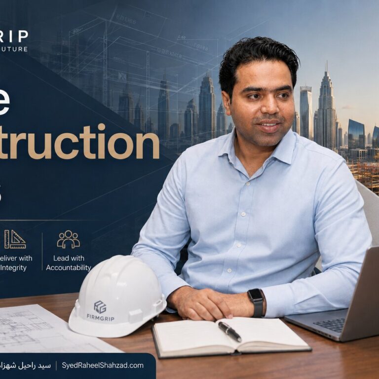 Before Construction Starts — FirmGrip and Syed Raheel Shahzad FirmGrip featured image showing Syed Raheel Shahzad with construction plans, project drawings, a safety helmet and Dubai development