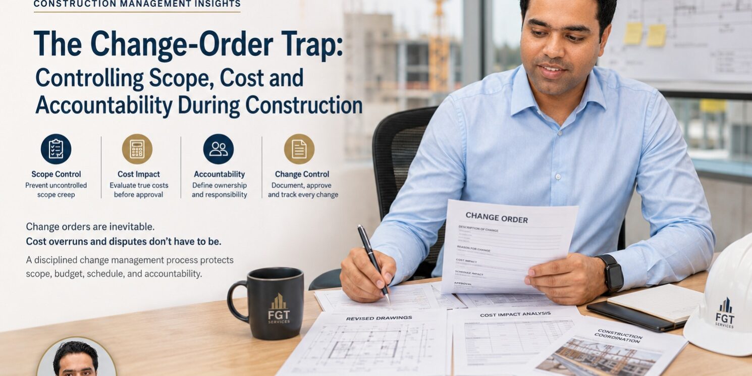 The Change-Order Trap — FirmGrip FirmGrip featured image showing Syed Raheel Shahzad reviewing a construction change order, revised drawings, cost impact and project coordination