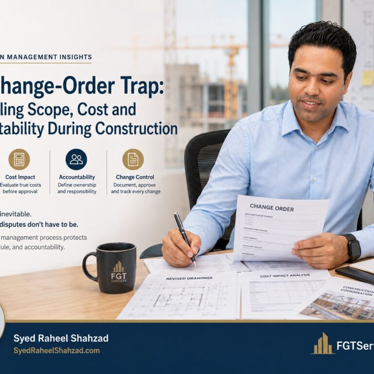 FirmGrip featured image showing Syed Raheel Shahzad reviewing a construction change order, revised drawings, cost impact and project coordination