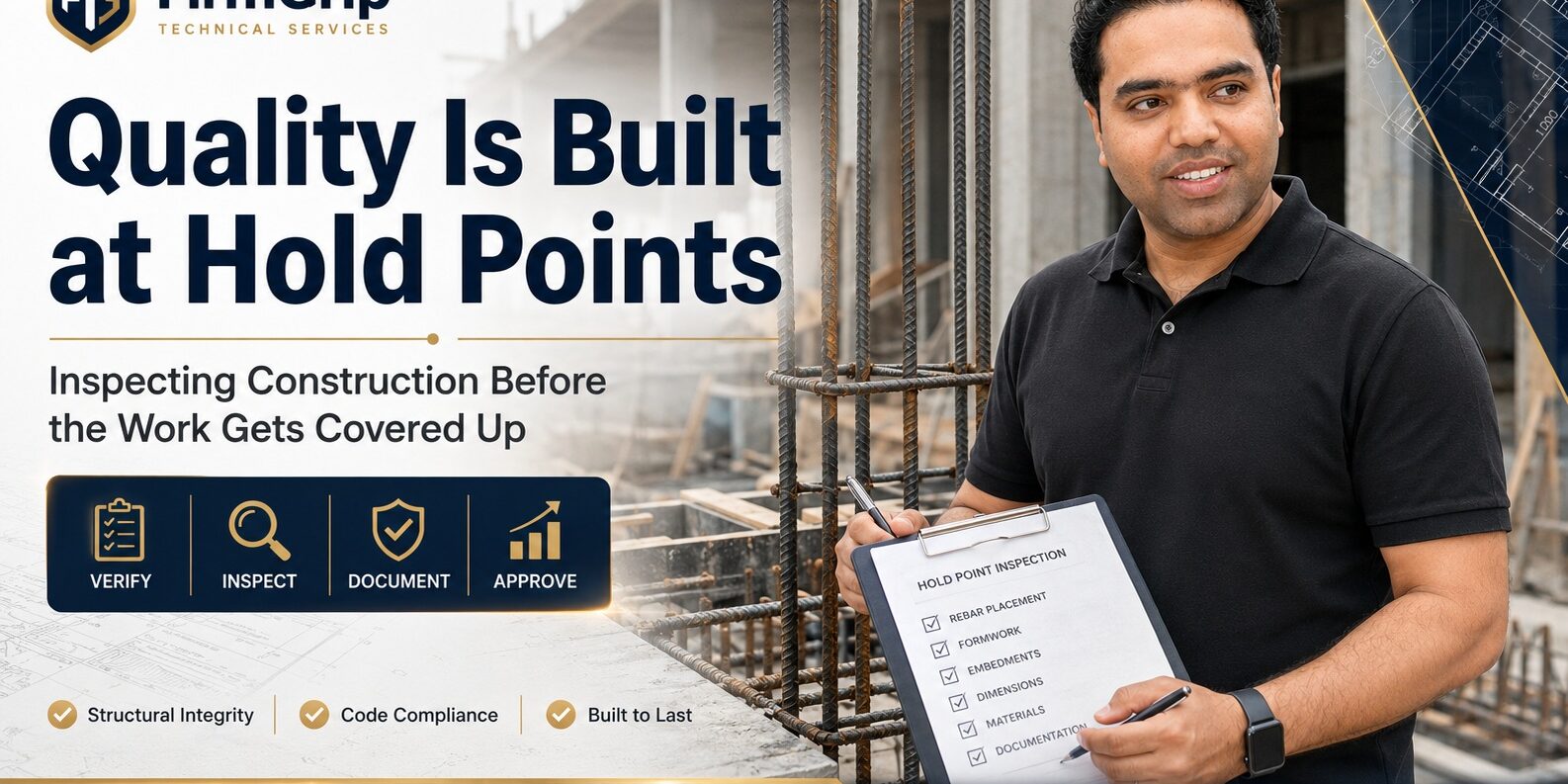 Quality Is Built at Hold Points — FirmGrip FirmGrip featured image showing Syed Raheel Shahzad at a construction site reviewing reinforcement, inspection records and quality hold points