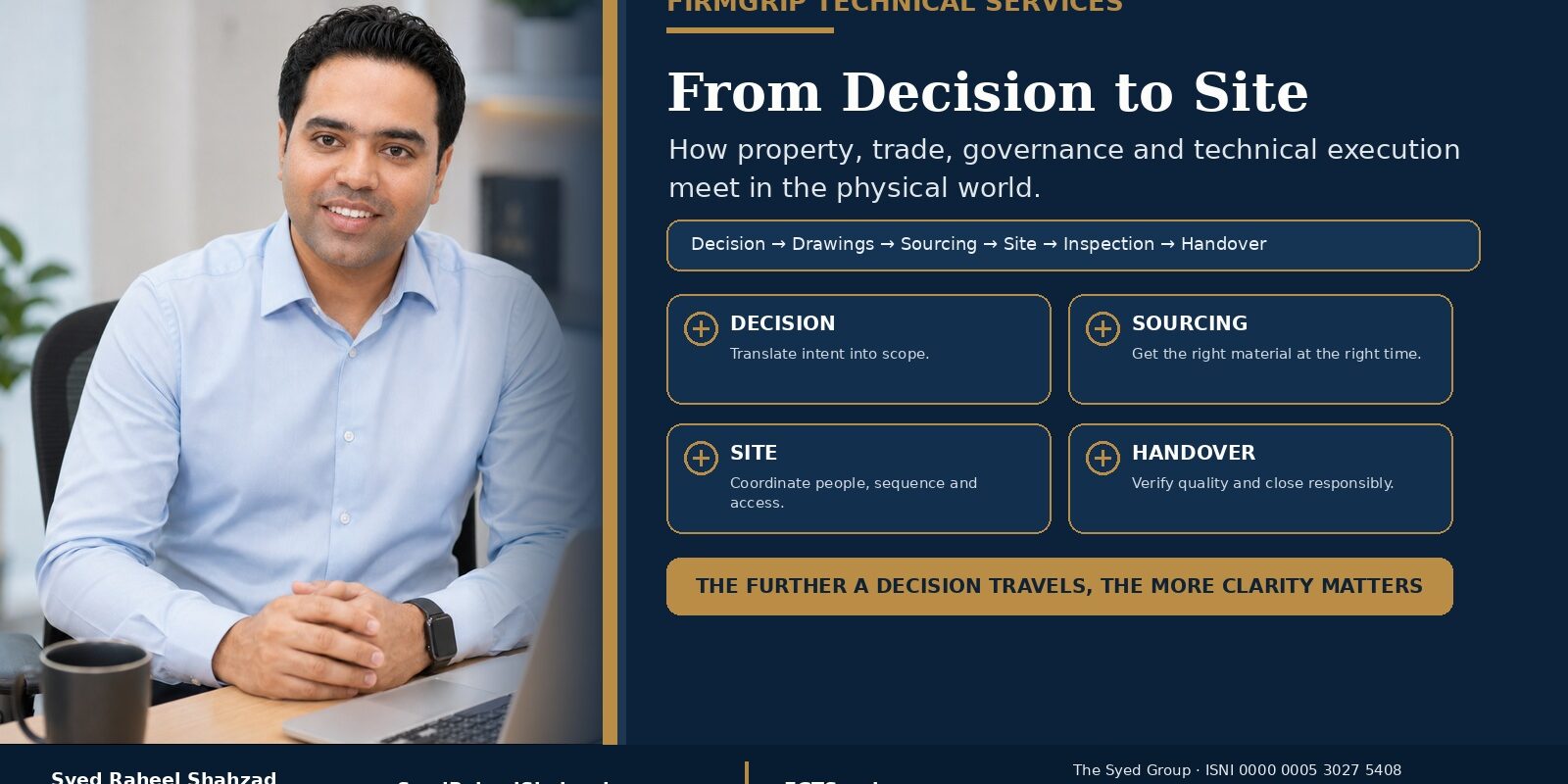 From Decision to Site — FirmGrip Technical Services FirmGrip Technical Services featured image with Syed Raheel Shahzad showing the path from decision and sourcing to site execution, inspection and handover