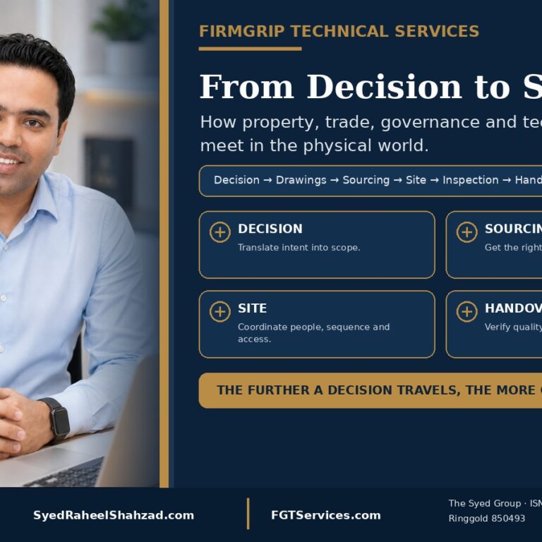 From Decision to Site — FirmGrip Technical Services FirmGrip Technical Services featured image with Syed Raheel Shahzad showing the path from decision and sourcing to site execution, inspection and handover