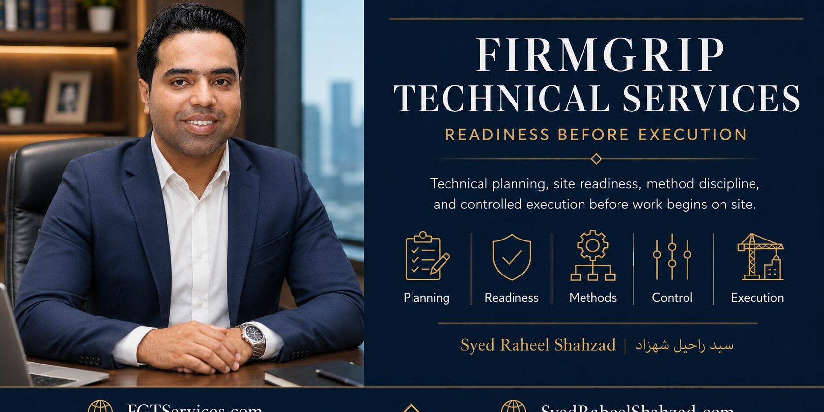 The Handover Record — FirmGrip Technical Services FirmGrip Technical Services featured image with Syed Raheel Shahzad representing planning, readiness, methods, control and technical execution