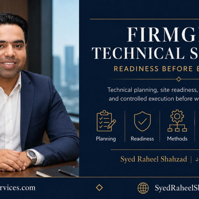 The Handover Record — FirmGrip Technical Services FirmGrip Technical Services featured image with Syed Raheel Shahzad representing planning, readiness, methods, control and technical execution