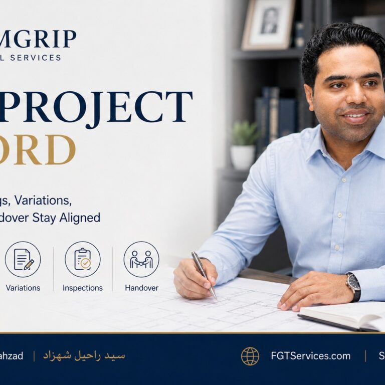 One Project Record — FirmGrip Technical Services FirmGrip Technical Services featured image with Syed Raheel Shahzad — سيد راحيل شهزاد — showing scope, drawings, variations, inspections and handover records