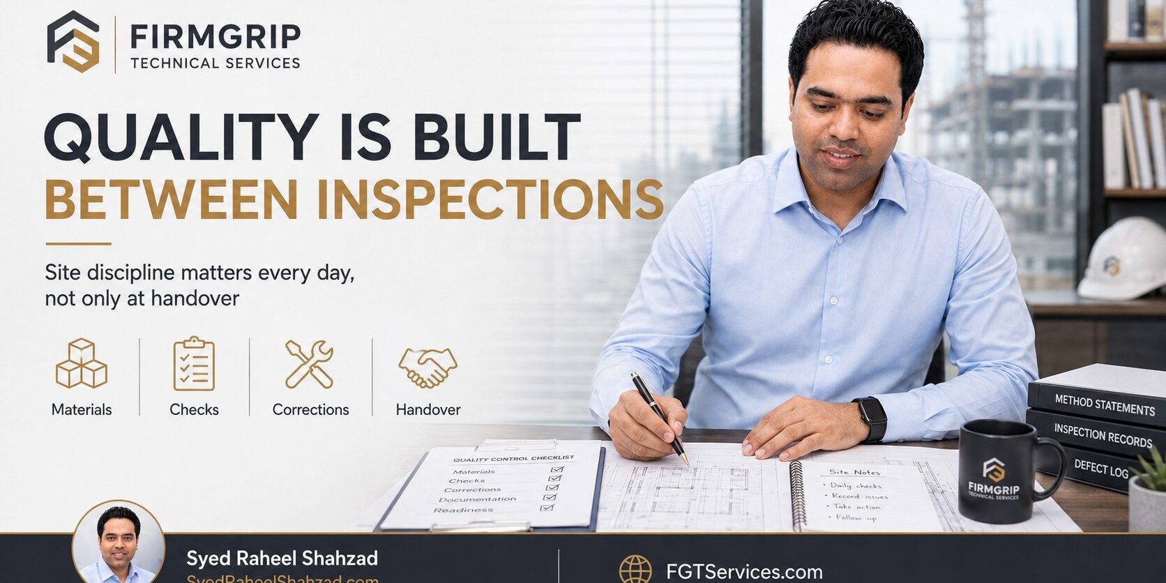 Quality Is Built Between Inspections — FirmGrip Technical Services FirmGrip Technical Services featured image with Syed Raheel Shahzad — سيد راحيل شهزاد — reviewing quality-control records, materials, corrections and site documentation