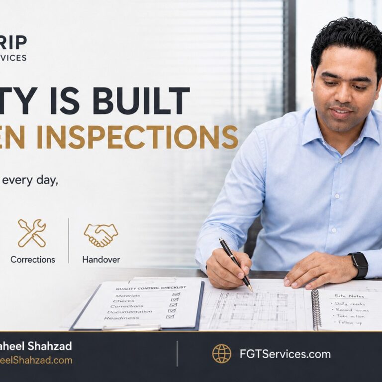 Quality Is Built Between Inspections — FirmGrip Technical Services FirmGrip Technical Services featured image with Syed Raheel Shahzad — سيد راحيل شهزاد — reviewing quality-control records, materials, corrections and site documentation