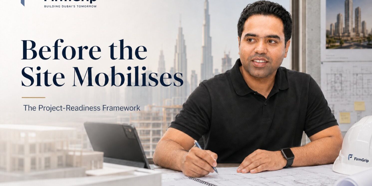 FirmGrip featured image showing Syed Raheel Shahzad reviewing construction plans, project-readiness documents and site-mobilisation requirements in Dubai