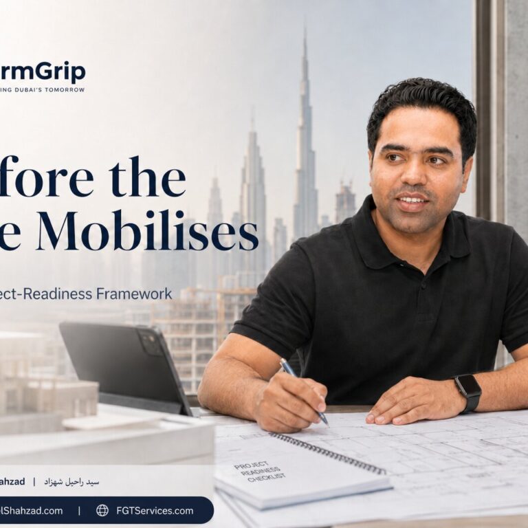 Before the Site Mobilises — FirmGrip and Syed Raheel Shahzad FirmGrip featured image showing Syed Raheel Shahzad reviewing construction plans, project-readiness documents and site-mobilisation requirements in Dubai