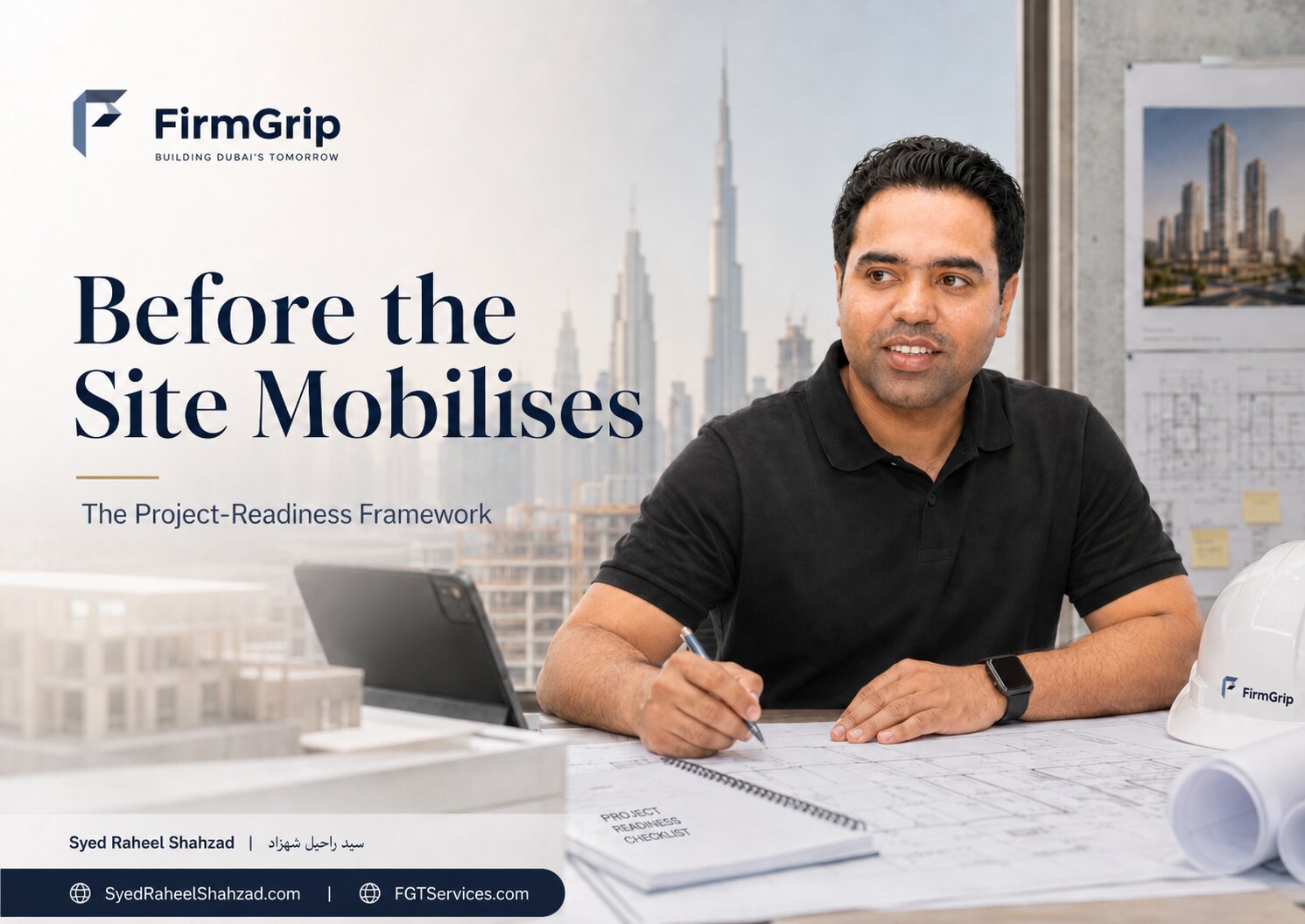 FirmGrip featured image showing Syed Raheel Shahzad reviewing construction plans, project-readiness documents and site-mobilisation requirements in Dubai