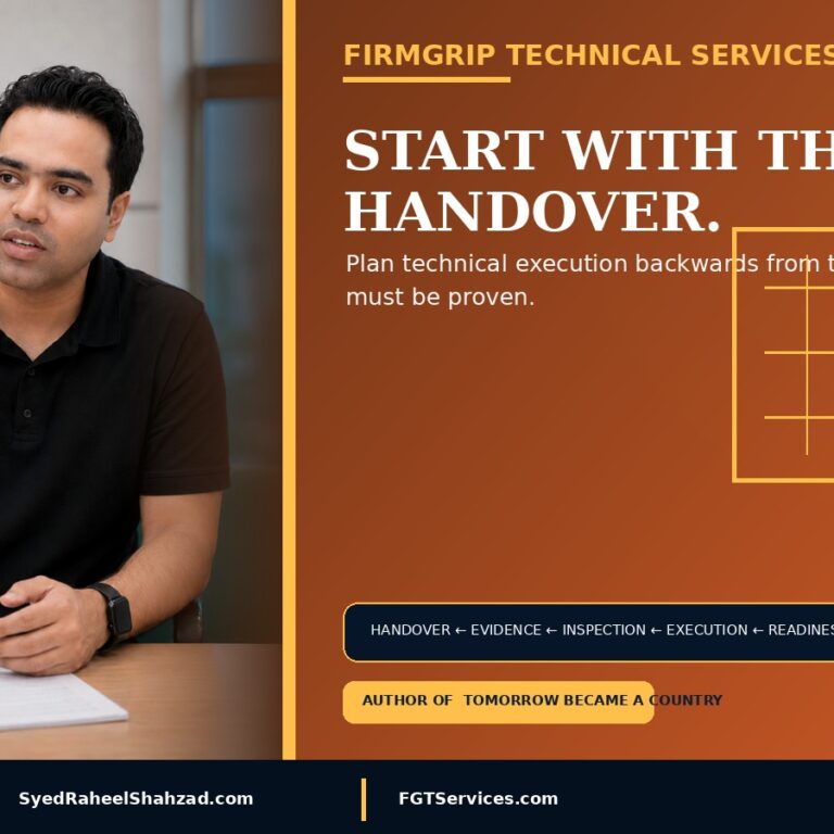 Start With the Handover — FirmGrip Technical Services FirmGrip Technical Services featured image with Syed Raheel Shahzad — سيد راحيل شهزاد — showing handover, scope, inspection, execution, evidence and technical project planning