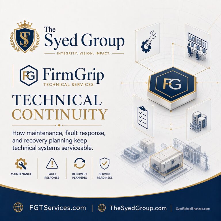 FirmGrip Technical Services continuity within The Syed Group showing maintenance, fault response, recovery planning and service readiness