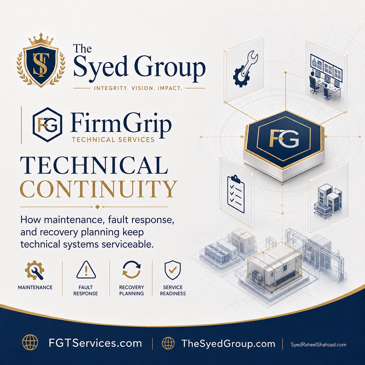 Keeping Technical Systems Serviceable: How FirmGrip Plans for Maintenance, Failure and Recovery — corporate featured image for FirmGrip Technical Services and The Syed Group