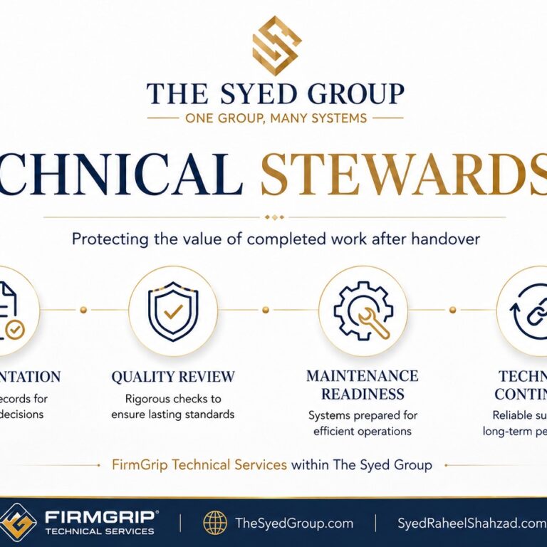 FirmGrip — Technical Stewardship FirmGrip Technical Services stewardship within The Syed Group showing documentation, quality review, maintenance readiness and technical continuity