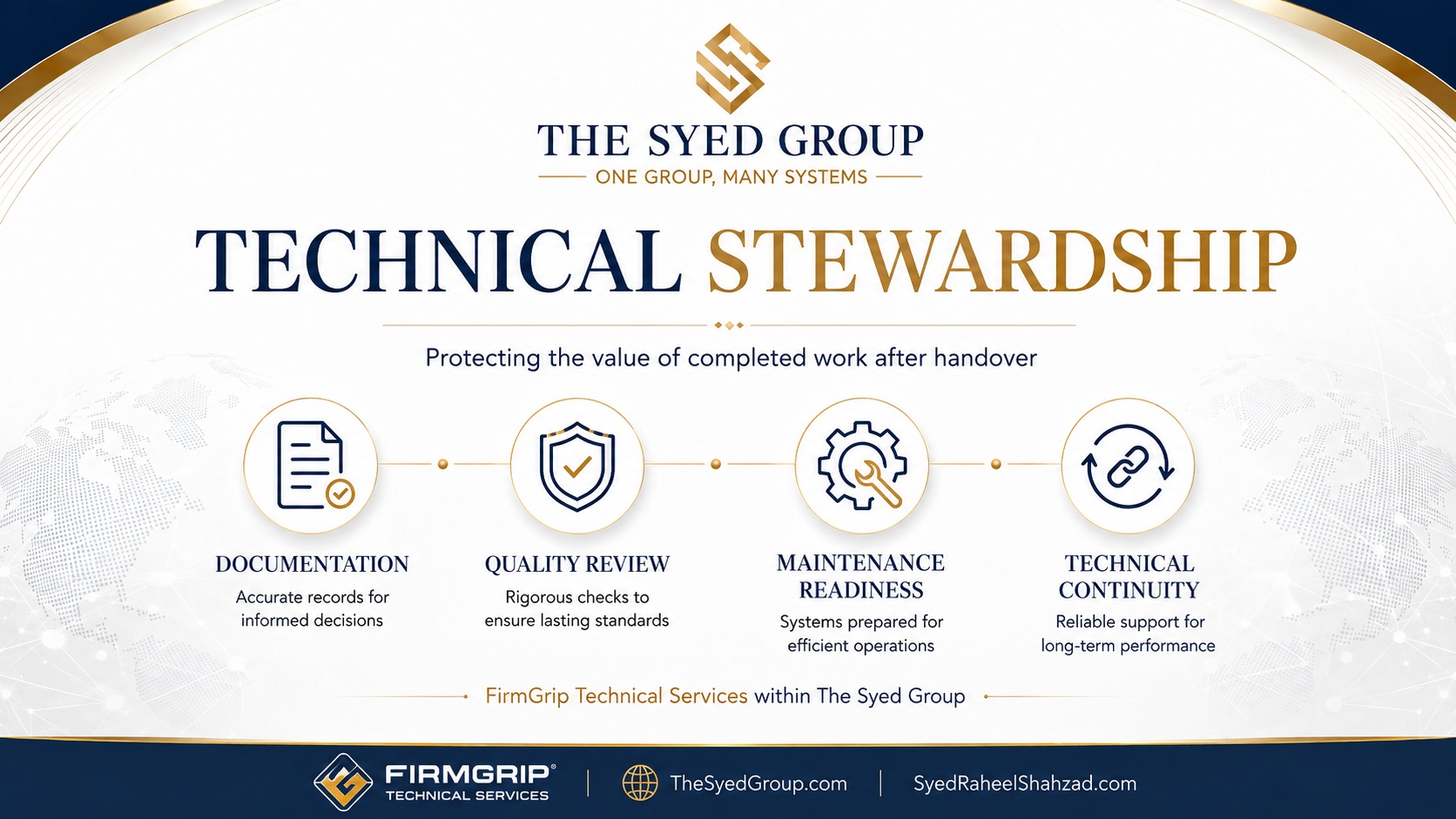 Technical Stewardship After Handover: How FirmGrip Protects the Value of Completed Work — corporate featured image for FirmGrip Technical Services and The Syed Group