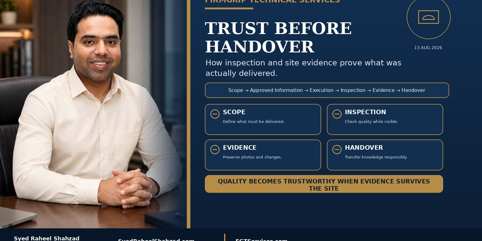 Trust Before Handover — FirmGrip Technical Services FirmGrip Technical Services featured image with Syed Raheel Shahzad — سيد راحيل شهزاد — showing scope, inspection, evidence, technical execution and responsible handover