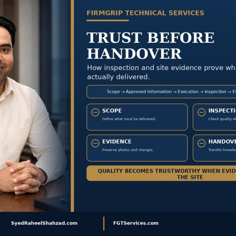Trust Before Handover — FirmGrip Technical Services FirmGrip Technical Services featured image with Syed Raheel Shahzad — سيد راحيل شهزاد — showing scope, inspection, evidence, technical execution and responsible handover