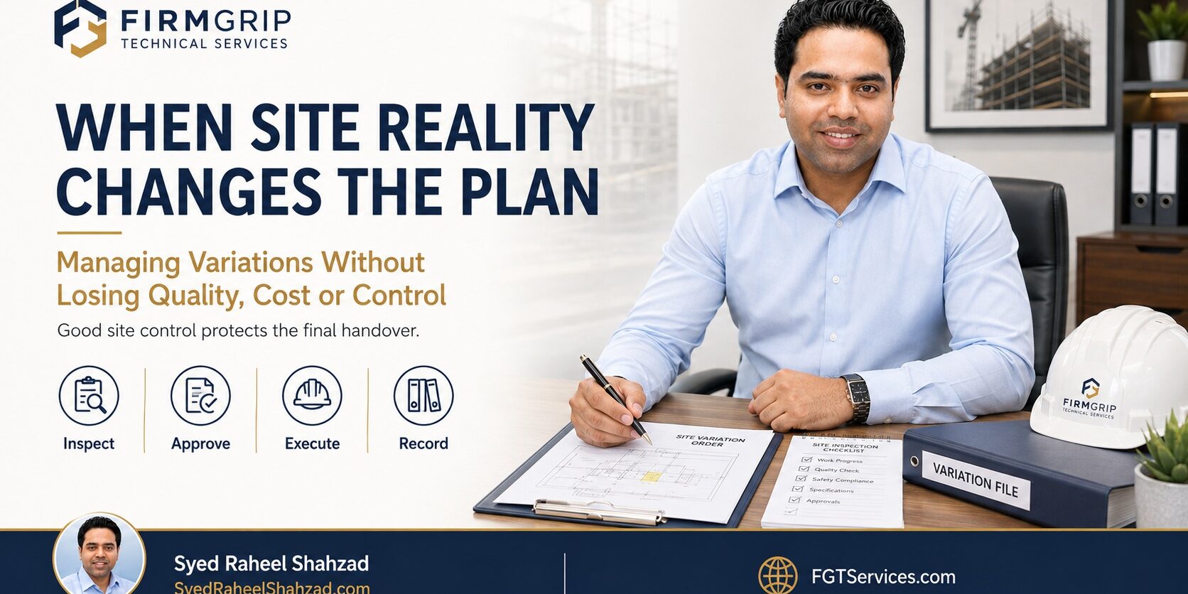 FirmGrip Technical Services featured image with Syed Raheel Shahzad — سيد راحيل شهزاد — reviewing site variations, inspections, approvals and project records