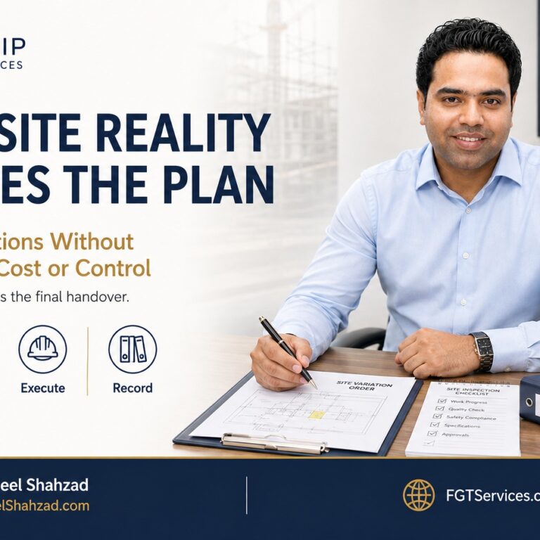 When Site Reality Changes the Plan — FirmGrip Technical Services FirmGrip Technical Services featured image with Syed Raheel Shahzad — سيد راحيل شهزاد — reviewing site variations, inspections, approvals and project records