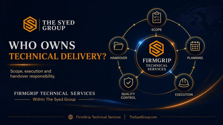 FirmGrip Technical Services responsibility framework within The Syed Group showing scope, planning, execution, quality control and handover