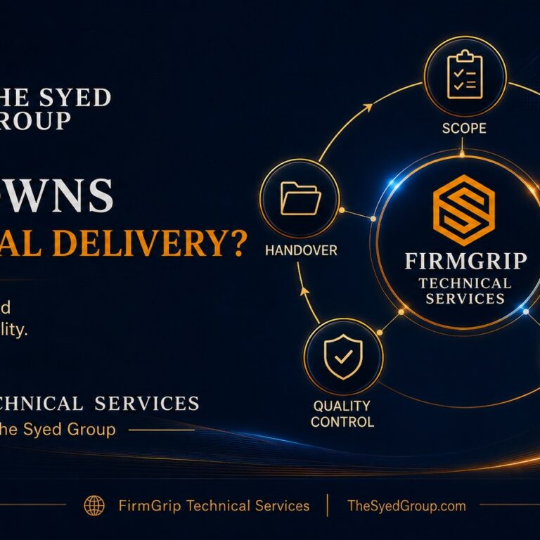 FirmGrip Technical Services responsibility framework within The Syed Group showing scope, planning, execution, quality control and handover