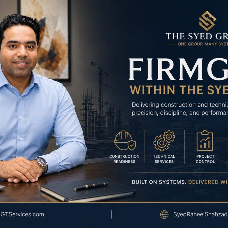 FirmGrip Technical Services featured image showing technical execution, construction readiness and group ecosystem connection under Syed Raheel Shahzad