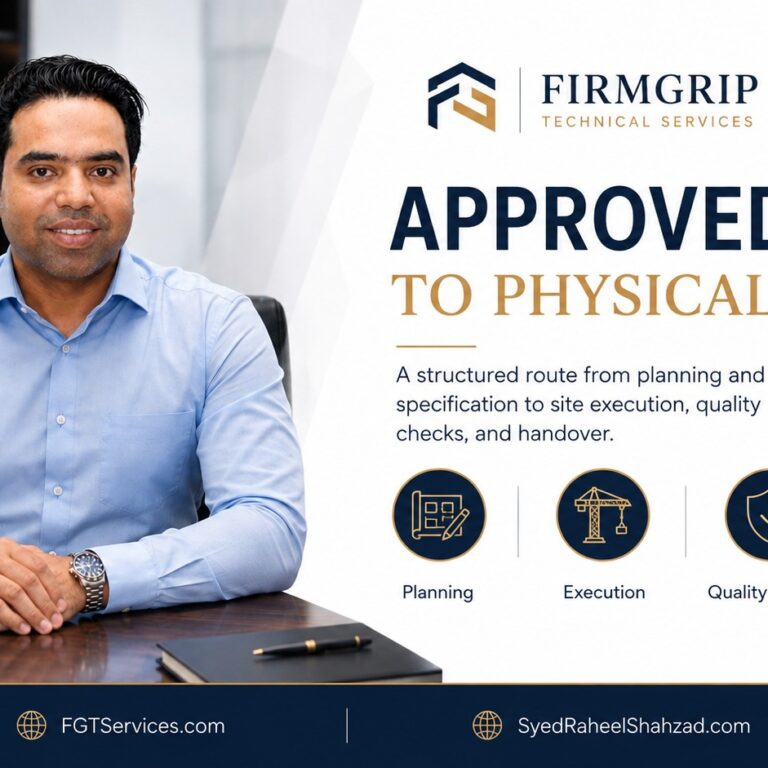 FirmGrip — Approved Plan to Physical Result FirmGrip Technical Services and The Syed Group with Syed Raheel Shahzad — سيد راحيل شهزاد — showing planning, execution, quality control and handover