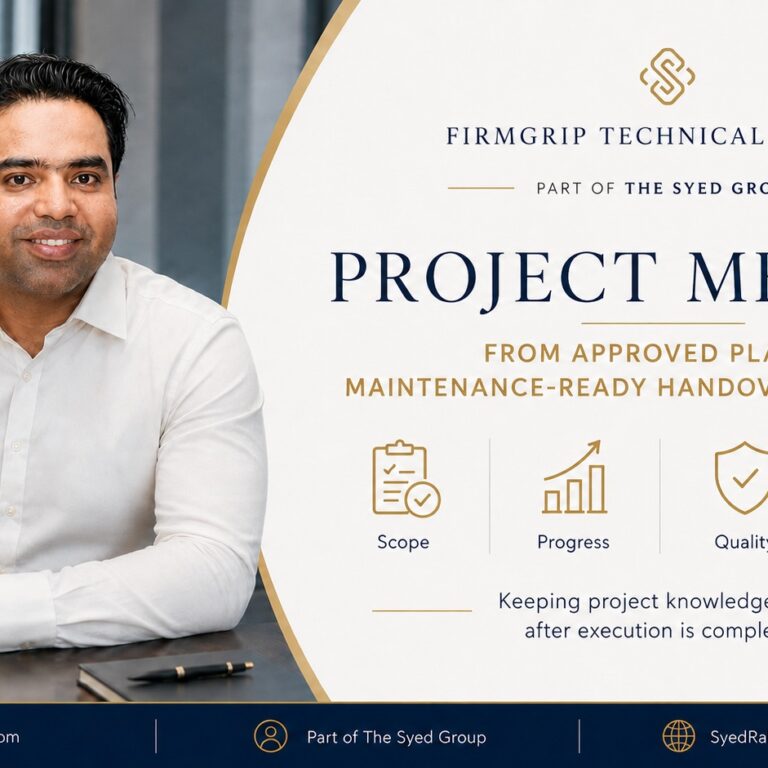 FirmGrip — Handover Lessons to Better Project Standards FirmGrip Technical Services and The Syed Group with Syed Raheel Shahzad — سيد راحيل شهزاد — showing scope, progress, quality and handover lessons informing better project standards