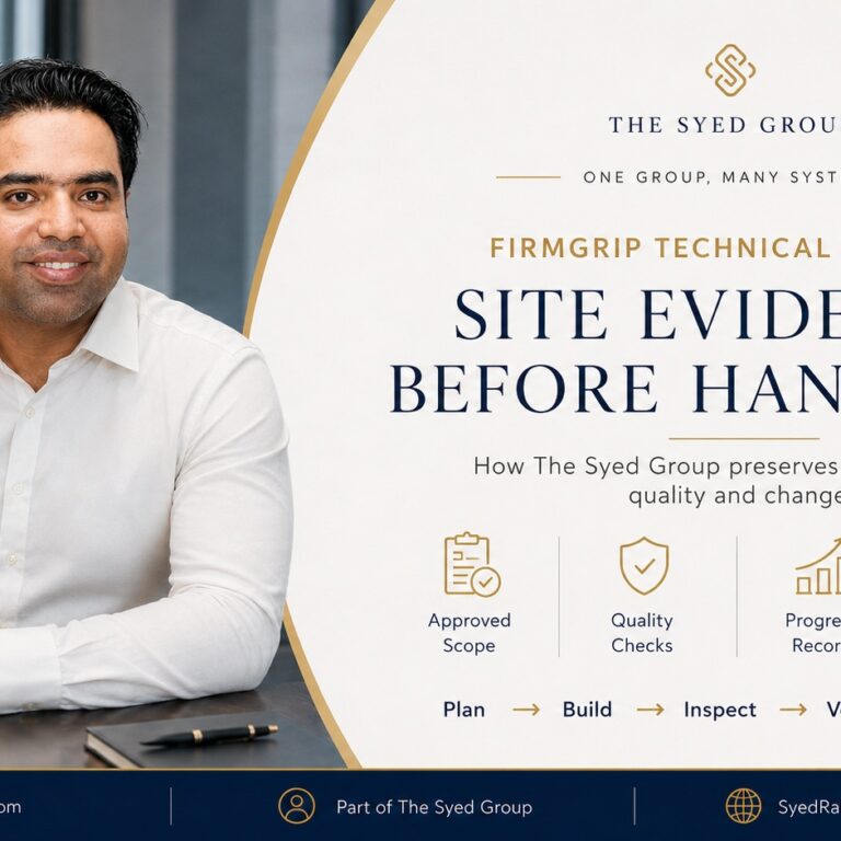 FirmGrip Technical Services site evidence with The Syed Group and Syed Raheel Shahzad — سيد راحيل شهزاد — showing approved scope, quality checks, progress records and handover proof