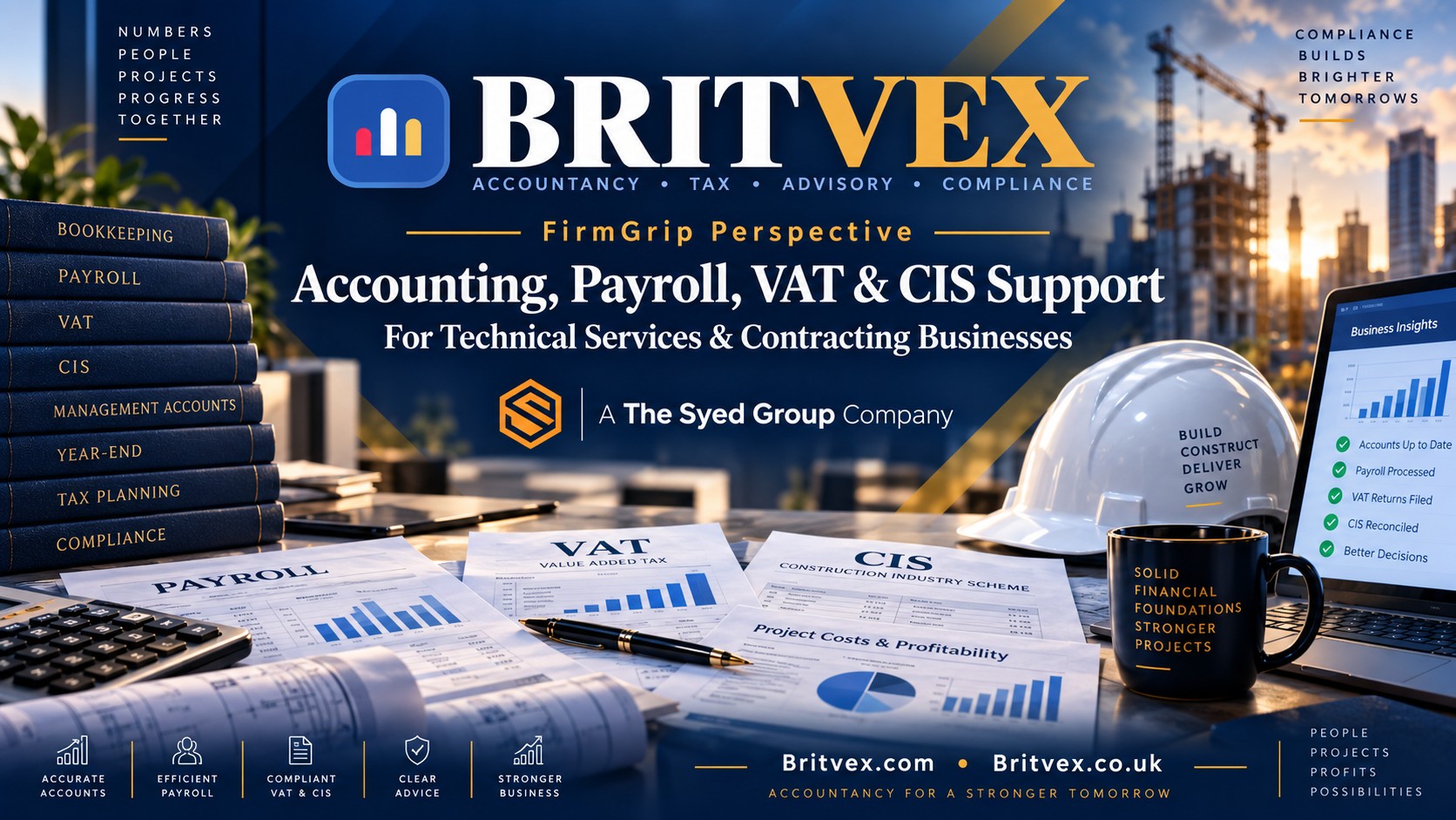 Britvex accounting payroll VAT and CIS support for contractors showing bookkeeping, project costs, management accounts and tax compliance