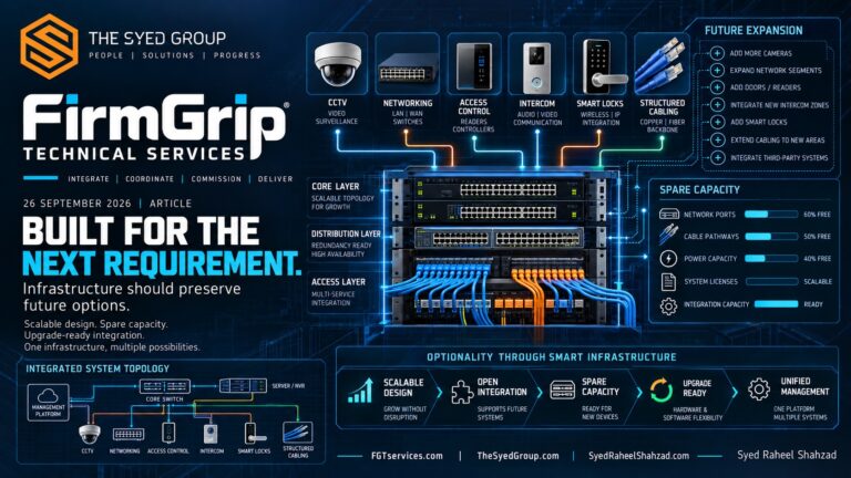 FirmGrip Technical Services infrastructure showing CCTV, networking, access control, intercom, smart locks, structured cabling and future expansion capacity