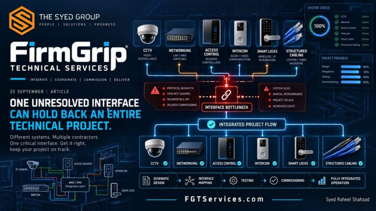 FirmGrip Technical Services integration diagram showing CCTV, networking, access control, intercom, smart locks, structured cabling and an interface bottleneck