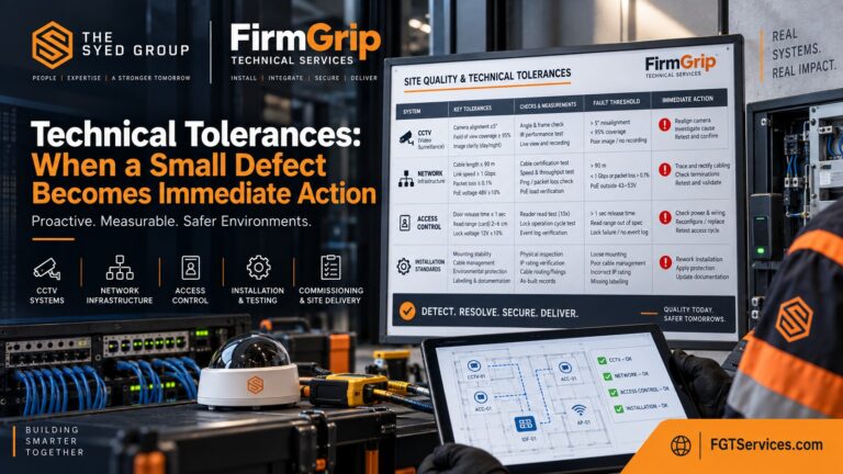 FirmGrip Technical Services technical tolerance board showing CCTV, network infrastructure, access control, testing, fault thresholds and corrective actions