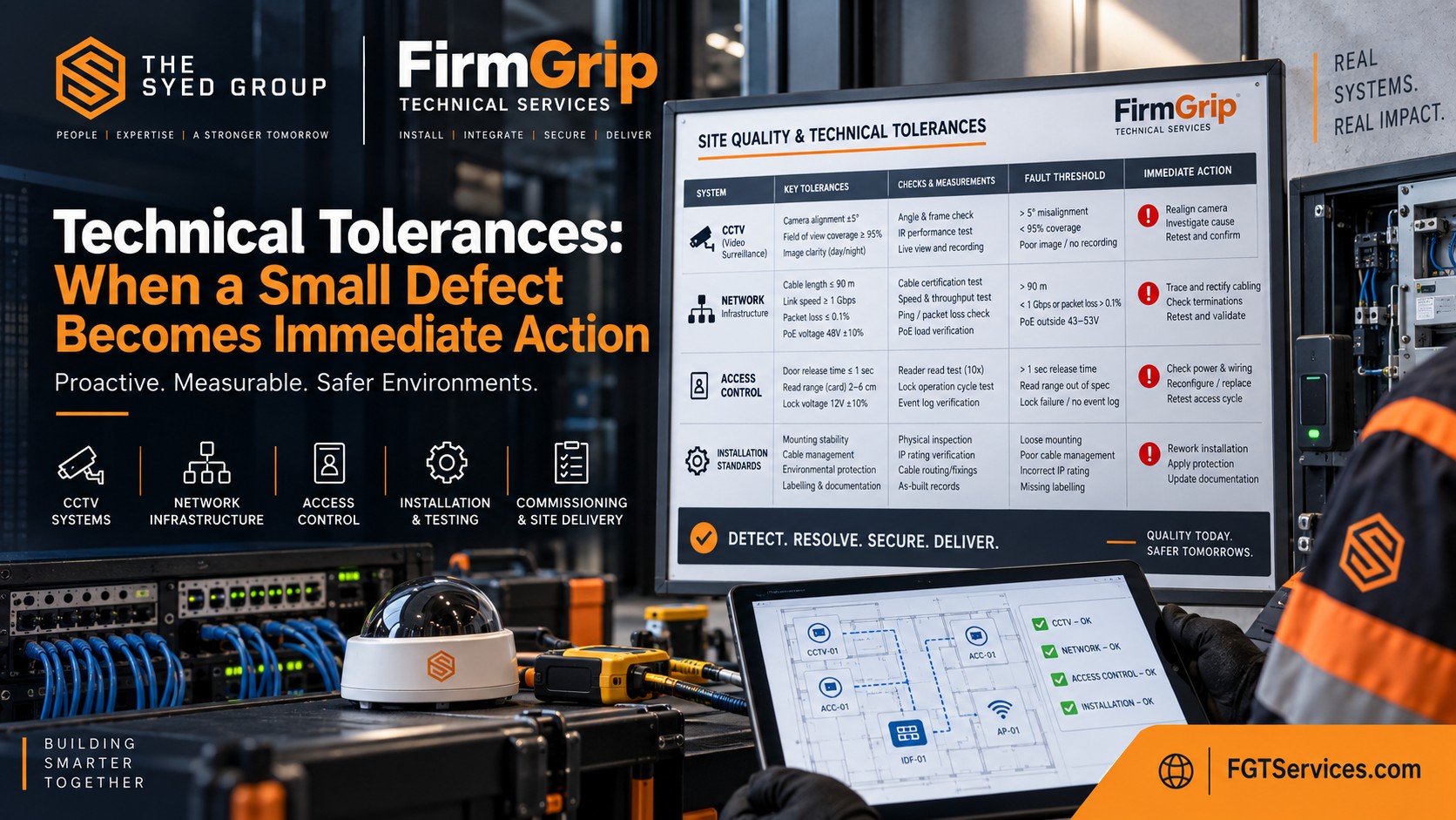 FirmGrip Technical Services technical tolerance board showing CCTV, network infrastructure, access control, testing, fault thresholds and corrective actions