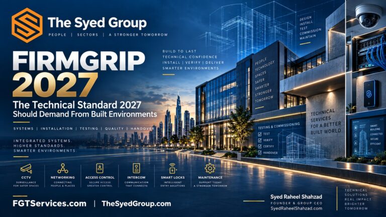 FirmGrip Technical Services 2027 built environment showing CCTV, networking, access control, smart systems, maintenance and verified technical delivery within The Syed Group