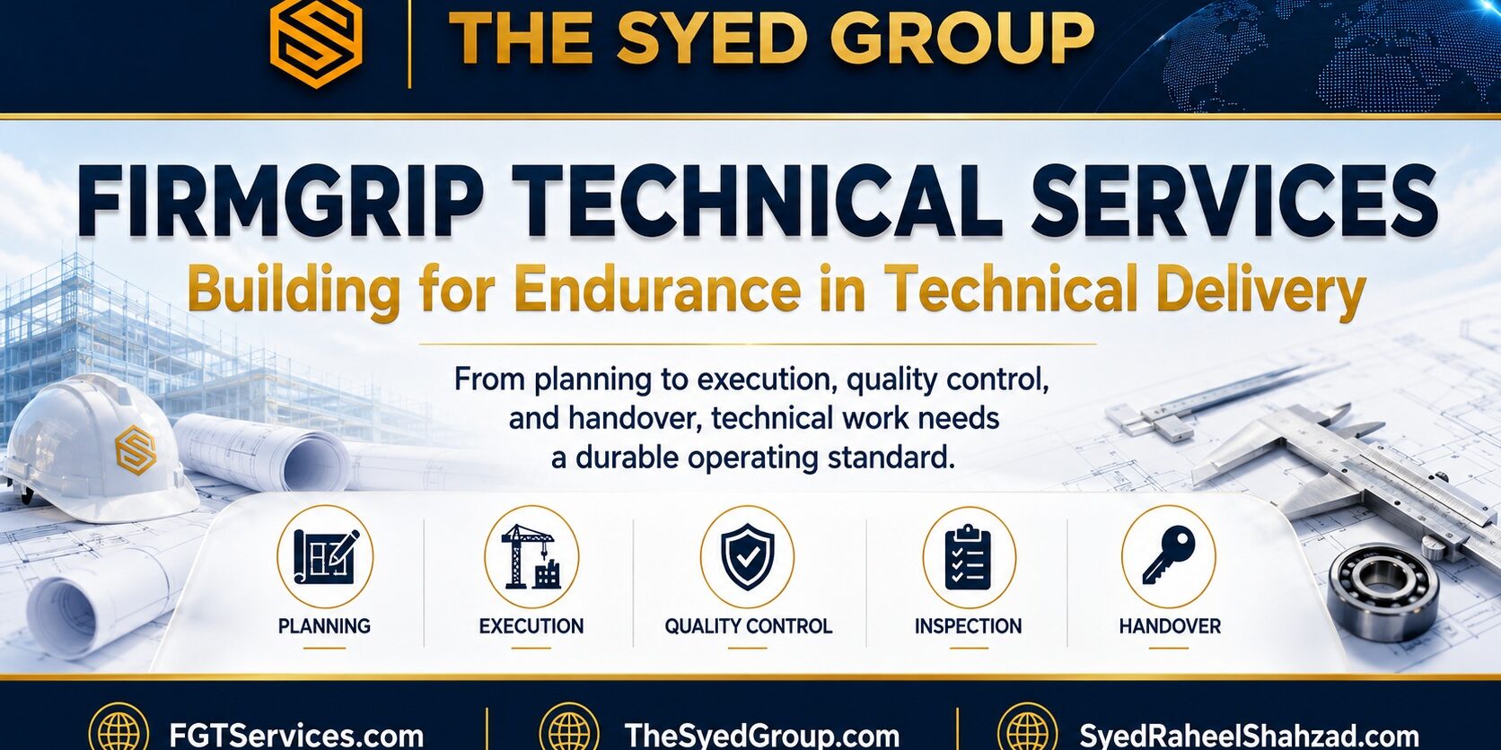 FirmGrip — Technical Delivery Built for Endurance FirmGrip Technical Services within The Syed Group Building for Endurance showing planning, execution, quality control, inspection and handover
