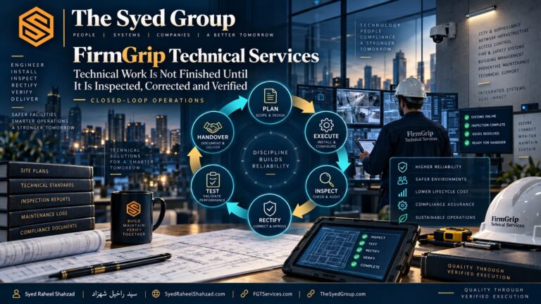 FirmGrip Technical Services closed-loop execution showing planning, installation, inspection, rectification, testing and handover within The Syed Group
