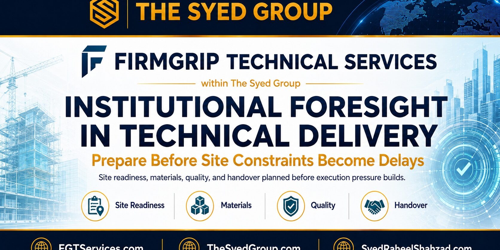 FirmGrip — Prepare Before Site Constraints Become Delays FirmGrip Technical Services within The Syed Group showing site readiness, materials, quality and handover as technical foresight measures