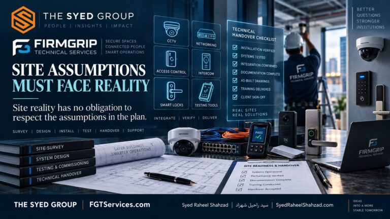 FirmGrip Technical Services site assumption testing across survey, CCTV, networking, access control, installation, testing and technical handover