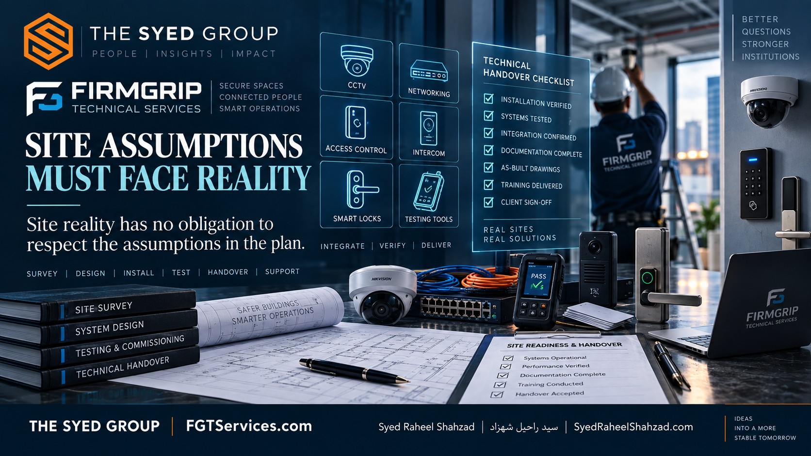 FirmGrip — Site Assumptions Must Face Reality FirmGrip Technical Services site assumption testing across survey, CCTV, networking, access control, installation, testing and technical handover