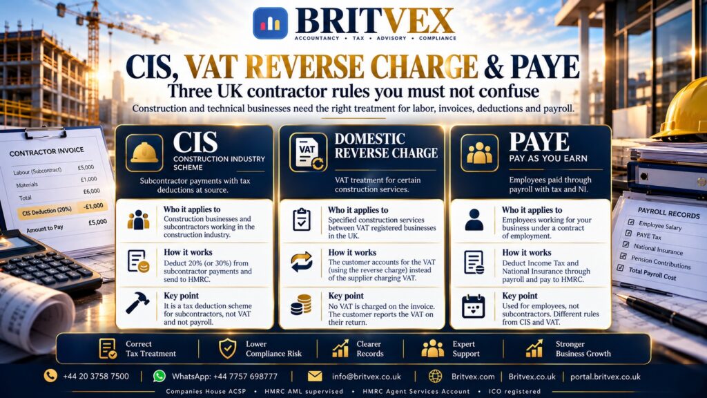 Britvex: CIS, VAT Reverse Charge and PAYE — Three Rules UK Contractors Must Not Confuse