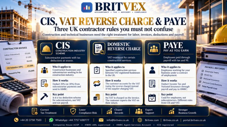 Britvex UK construction tax comparison illustrating CIS subcontractor deductions, domestic VAT reverse charge, PAYE payroll and contractor accounting