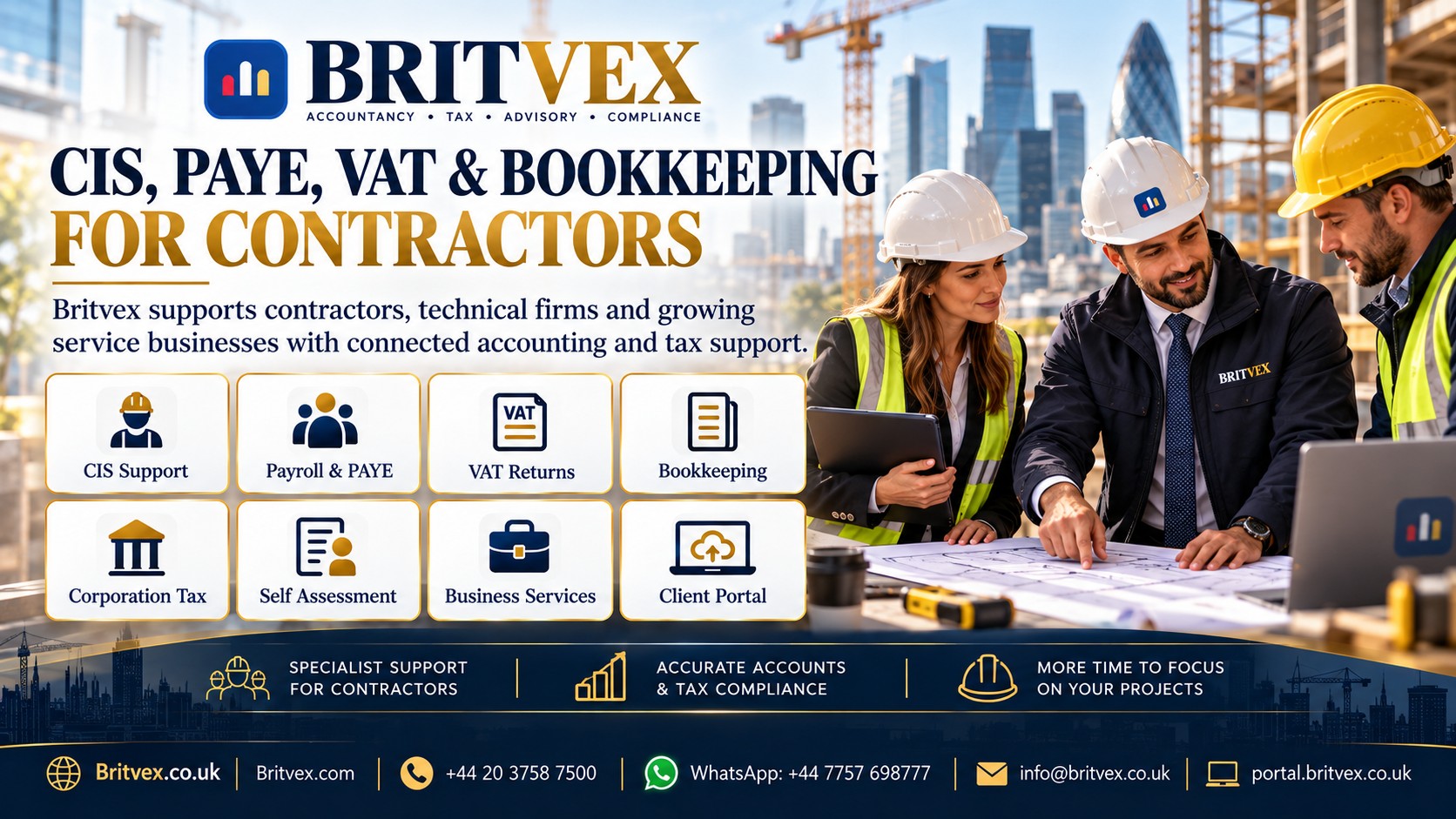 Britvex construction contractor accounting image showing CIS, PAYE payroll, VAT, bookkeeping, Self Assessment and business tax support