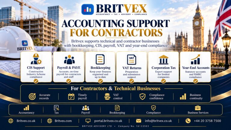 Britvex explains CIS, PAYE, bookkeeping, VAT returns, corporation tax and financial recordkeeping for UK construction and technical contractors.