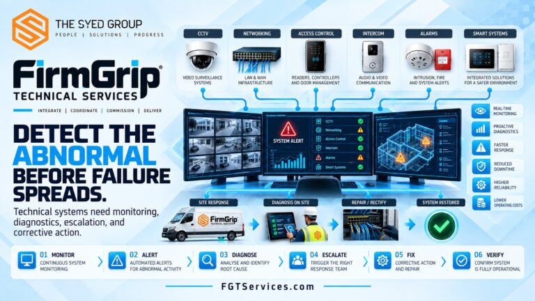 FirmGrip Technical Services framework showing CCTV, networking, access control, alarms, diagnostics, abnormal-system detection, escalation and corrective action