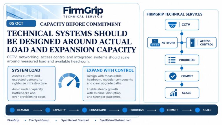 FirmGrip Technical Services capacity framework showing CCTV, networking, access control, system load, storage, prioritization and scalable infrastructure